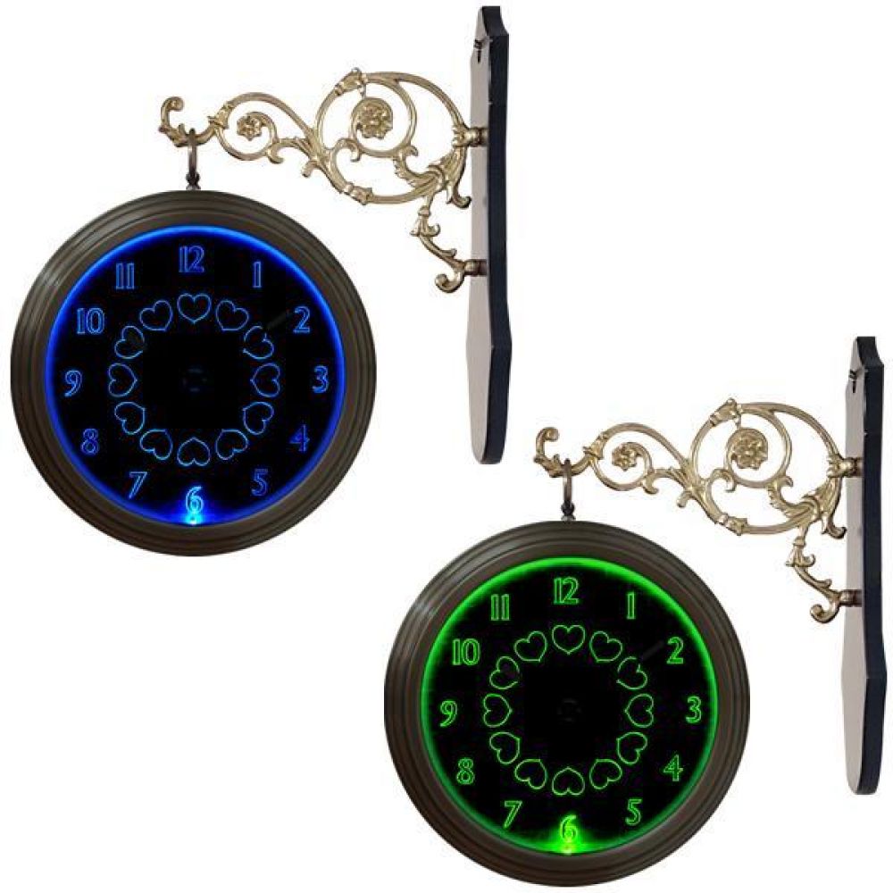 GB3316 무소음 LED 블루그린 양면 벽시계 블랙 장미