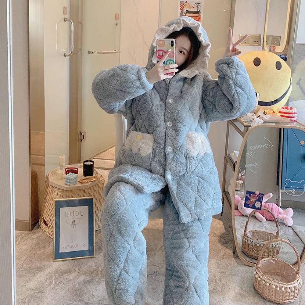 퀼팅 양털 벨벳 후드 귀여운 잠옷 세트 블루