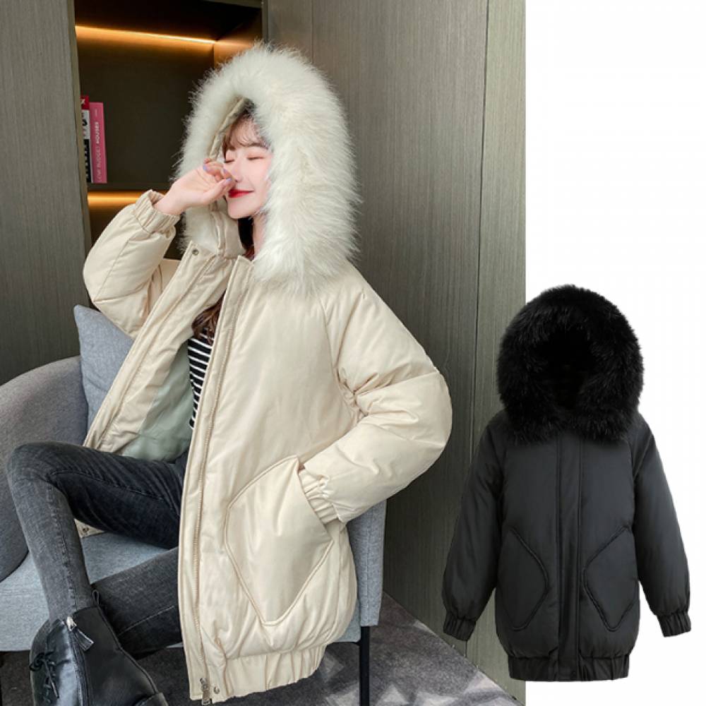 데일리 미디기장 털모자 캐주얼 패딩
